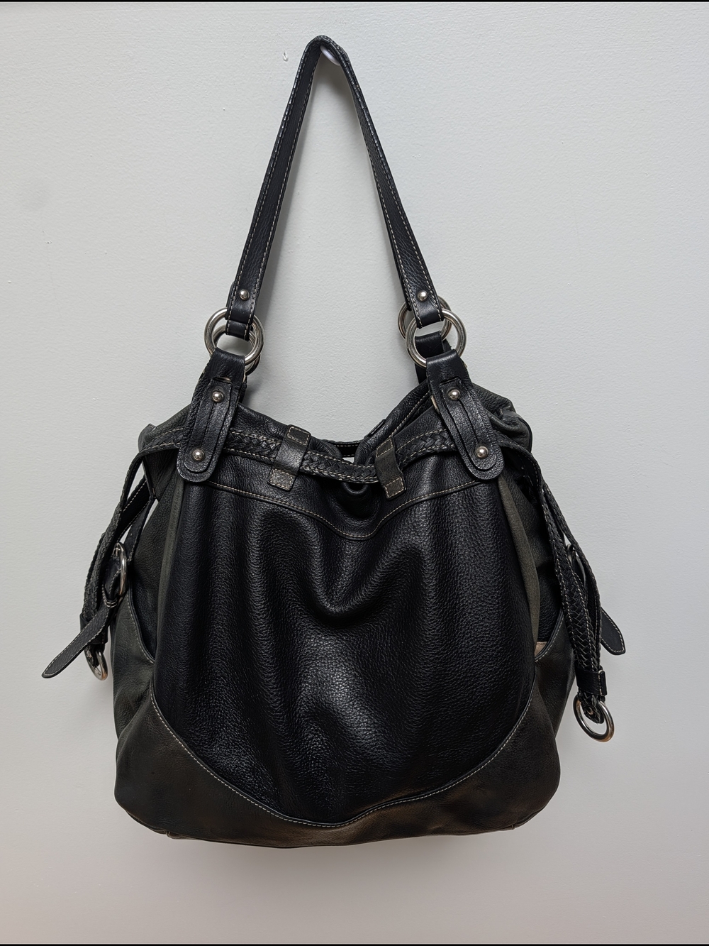 Genuine Leather XL Slouchy Hobo Bag Braided Black Gray